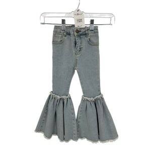 ML Kids Light Wash Bell Bottom Jeans with Ruffled Flare and Frayed Hem Size 4T